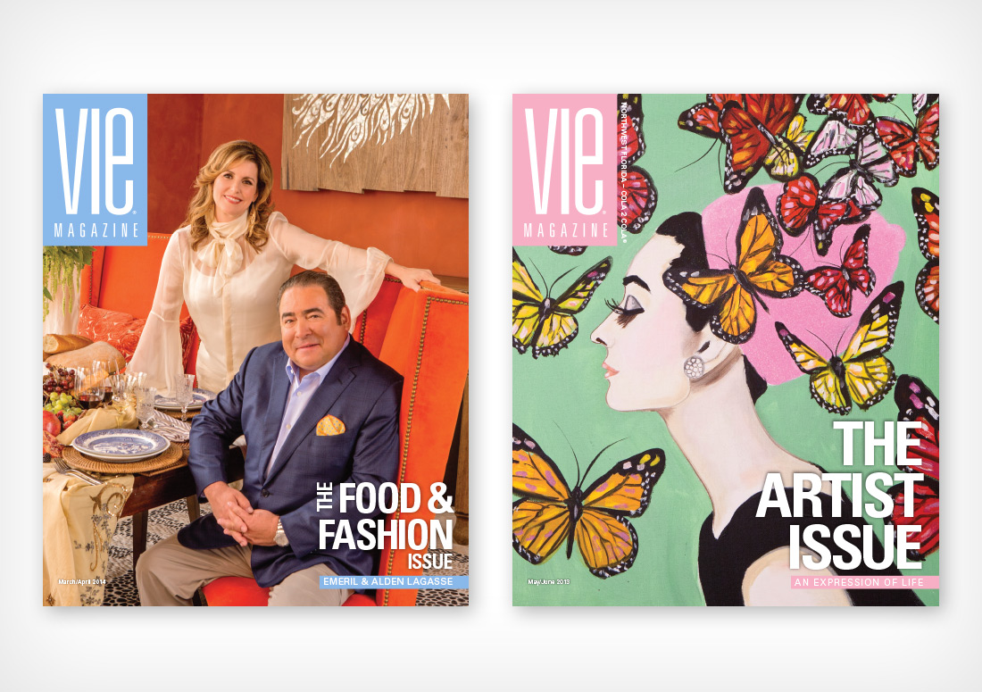 VIE Magazine Covers March/April 2014 with Emeril and Alden Lagasse, and May/June 2013 with Ashley Longshore Audrey Hepburn Painting
