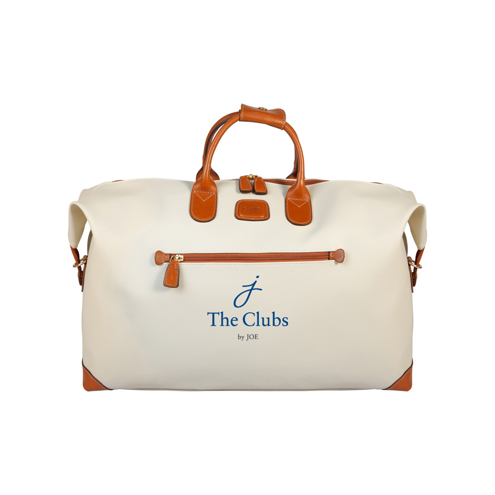 The Clubs by Joe logo on leather overnight bag